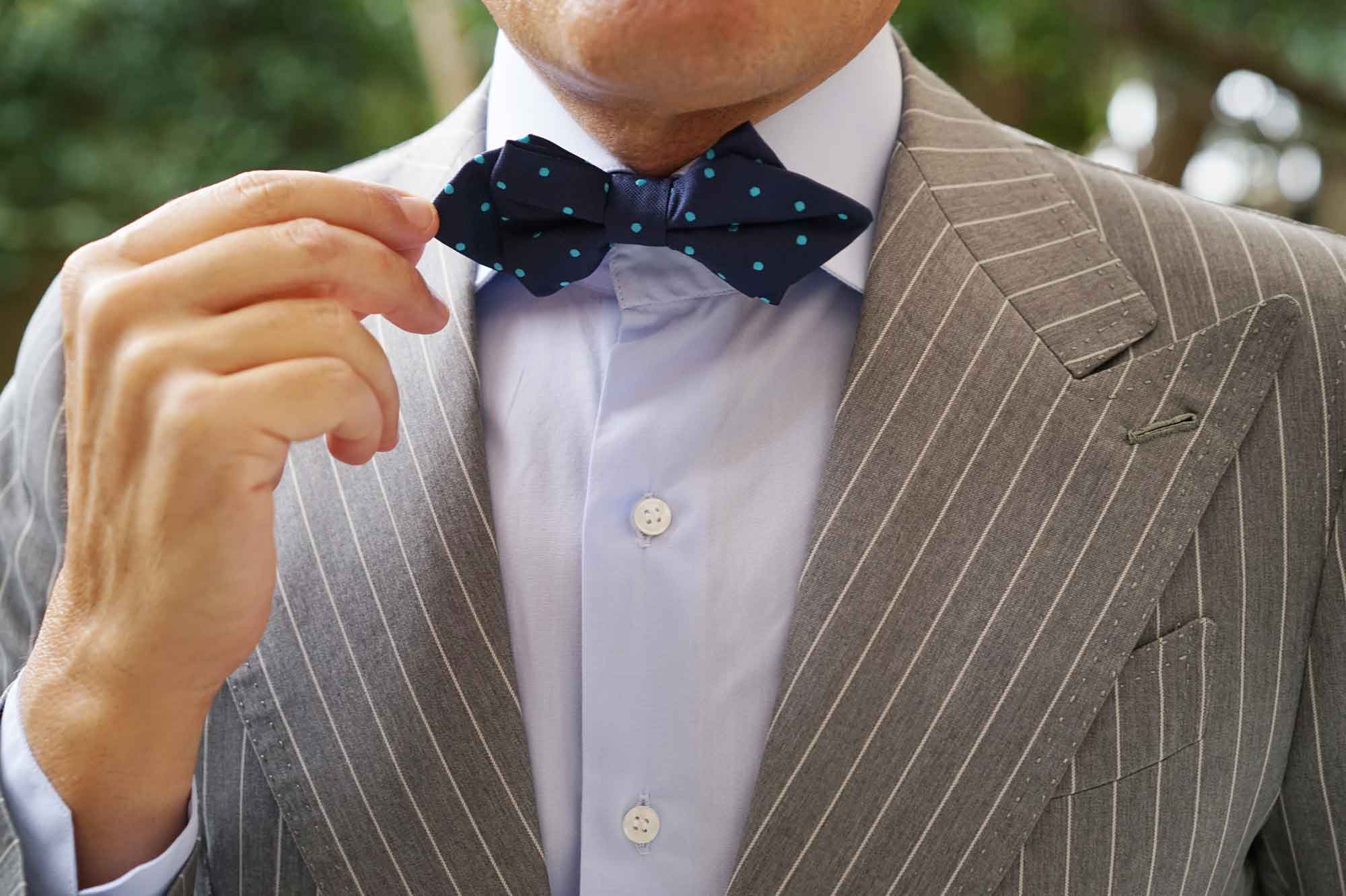 Navy Blue with Mint Blue Polka Dots Diamond Bow Tie - Image 9