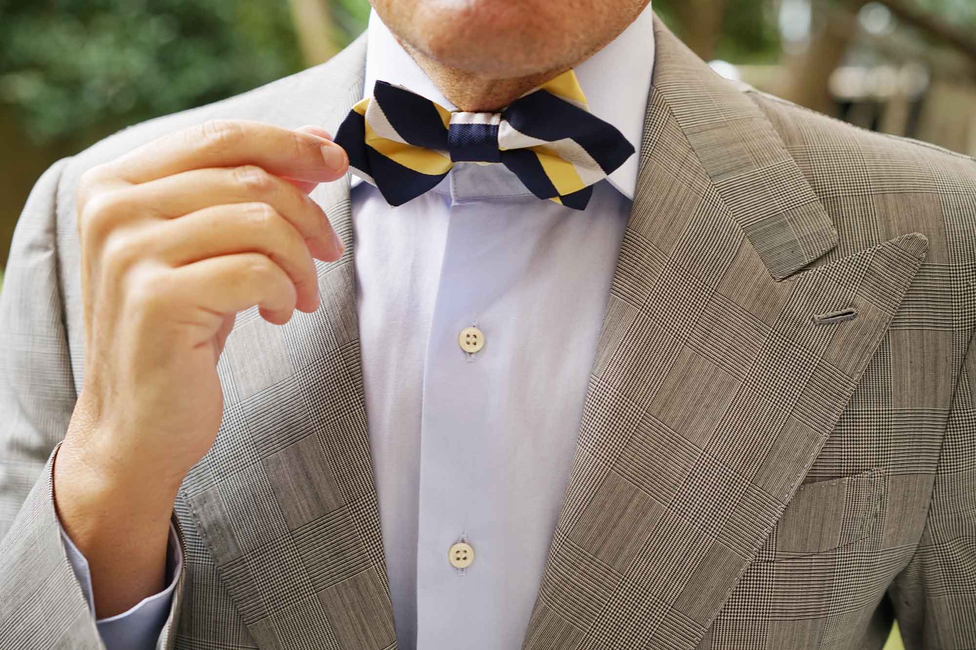Navy Blue & Yellow Stripe Diamond Bow Tie - Image 7