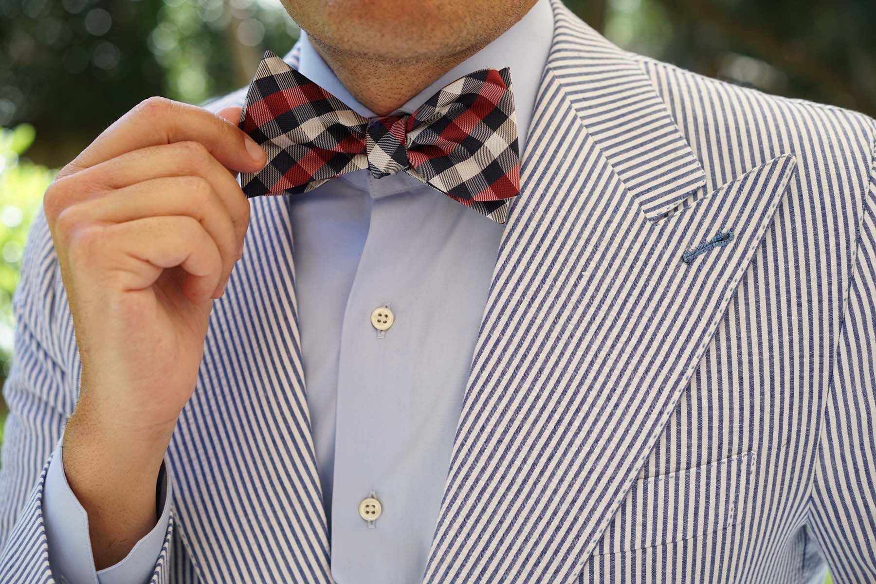 Navy Checkered Scotch Red Self Tie Bow Tie - Image 7