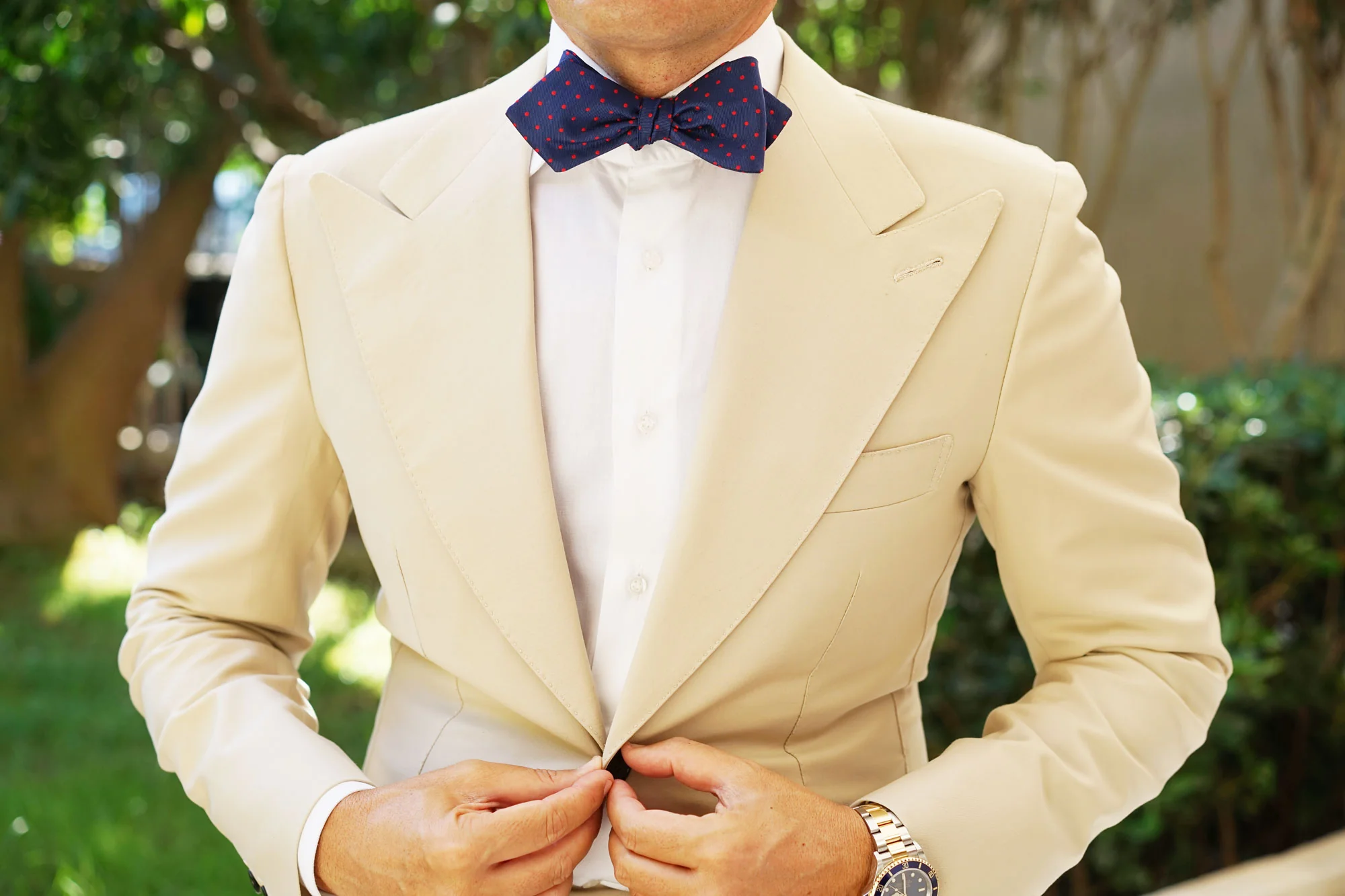 Navy on Red Mini Pin Dots Diamond Self Bow Tie - Image 6