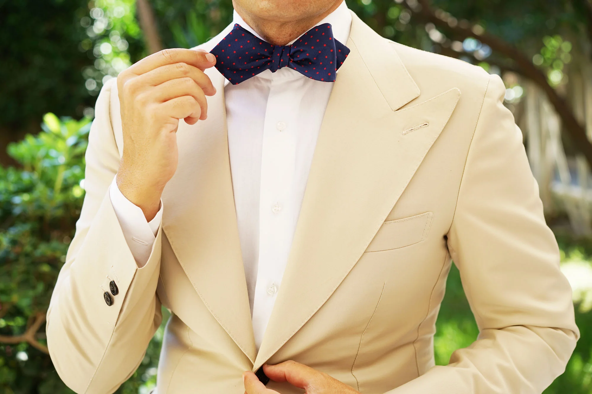 Navy on Red Mini Pin Dots Diamond Self Bow Tie - Image 8