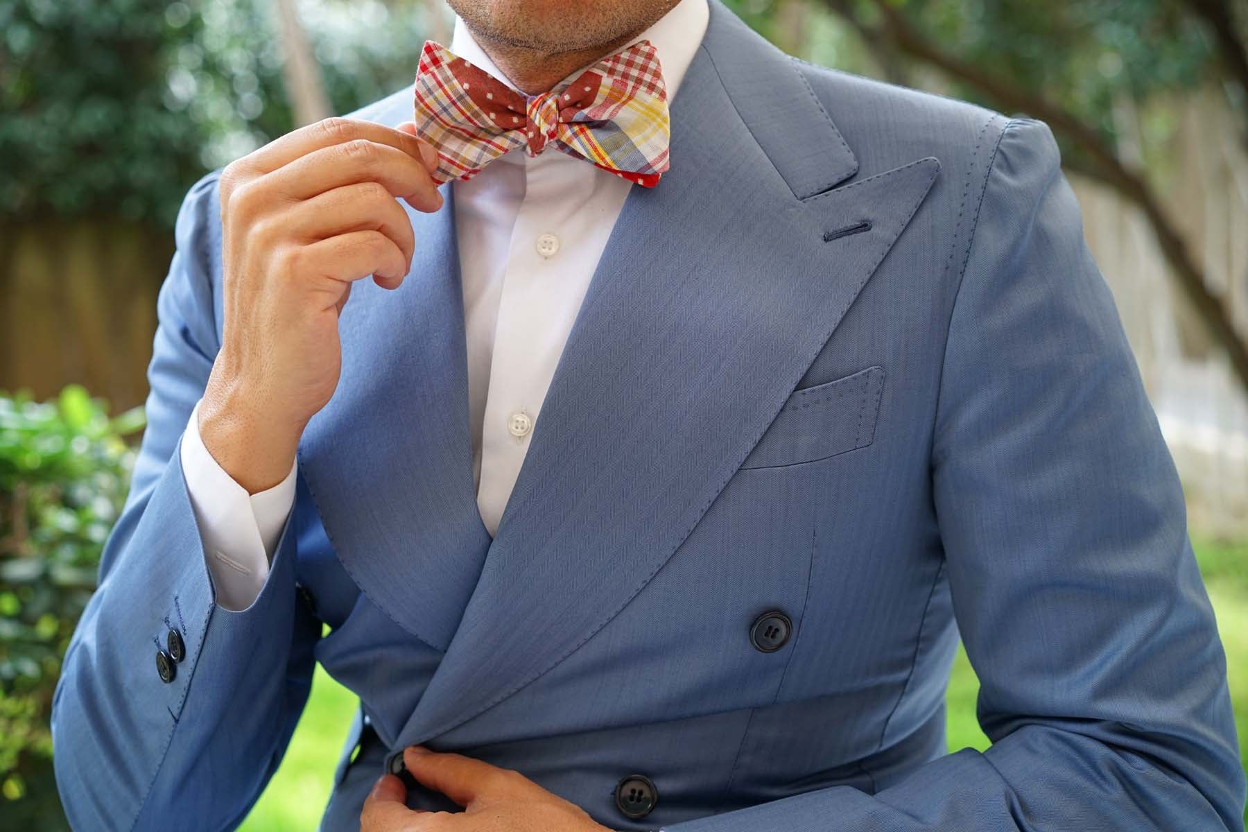 Plaid Red Gingham Cotton Polka Dot Self Tie Bow Tie - Image 8