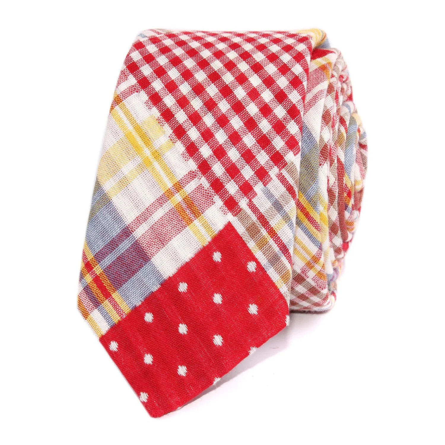 Plaid Red Gingham Cotton Polka Dot Skinny Tie - Image 2
