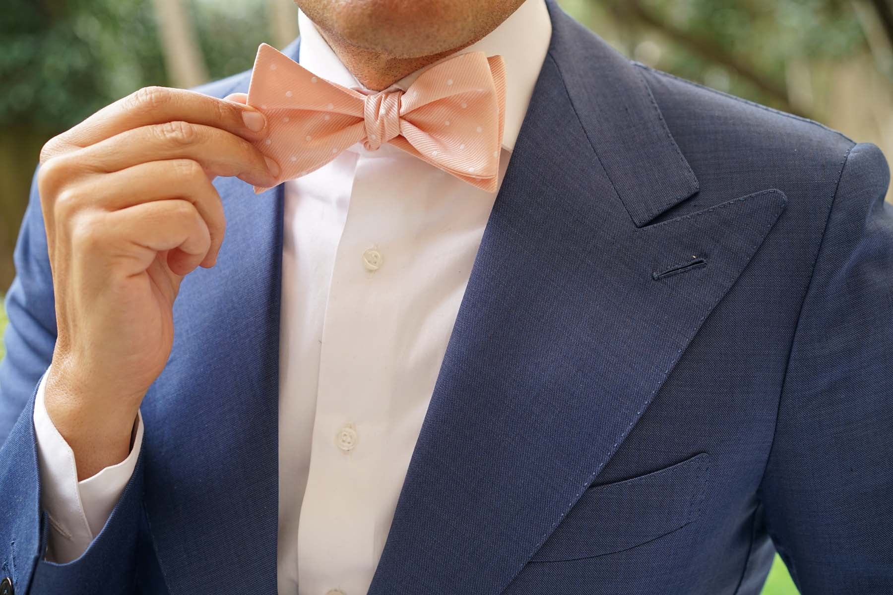 Peach with White Polka Dots Self Tie Bow Tie - Image 7