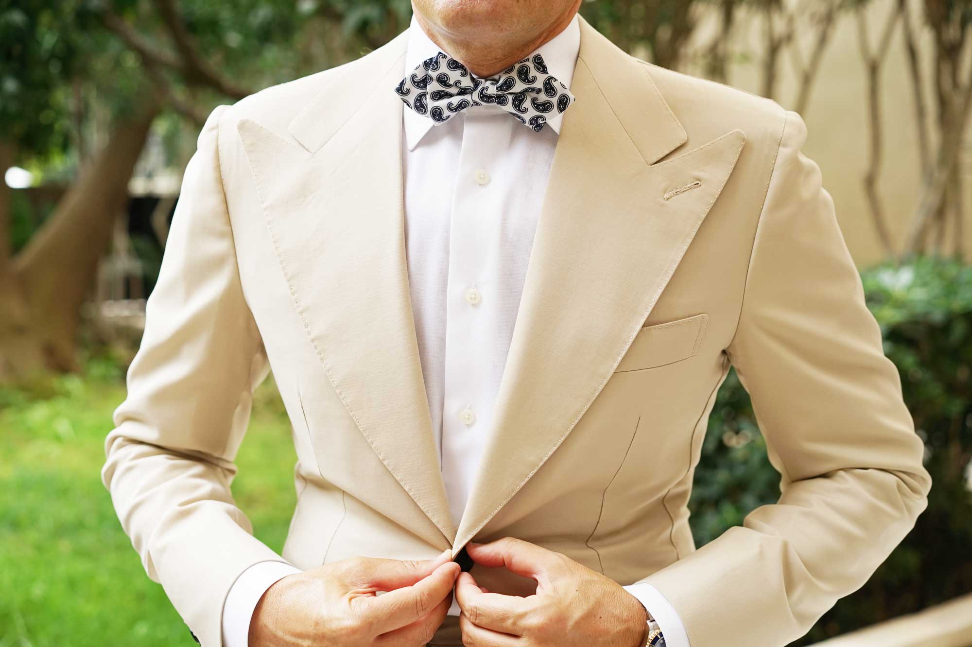 Picasso White on Blue Paisley Diamond Bow Tie - Image 3
