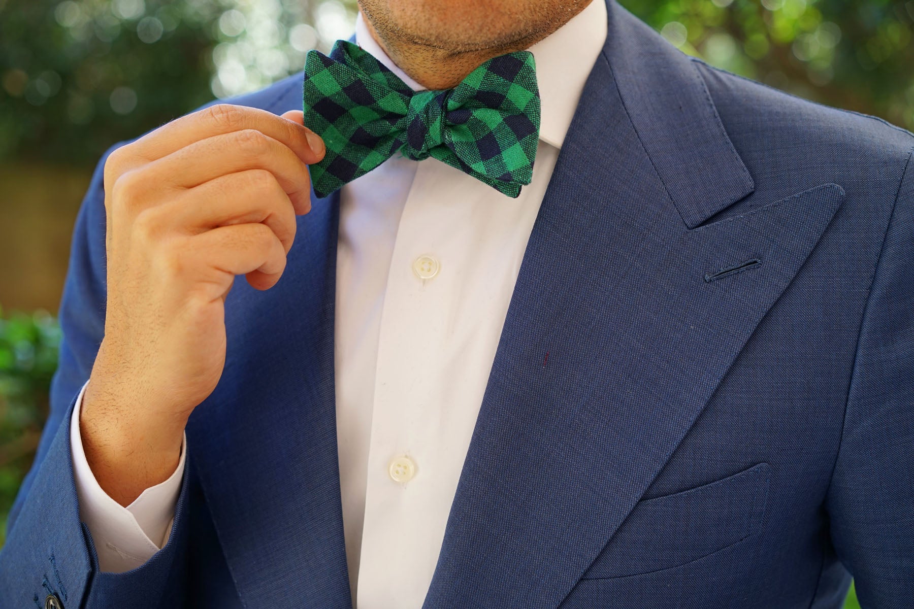 Raw Green Gingham Linen Self Bow Tie - Image 10