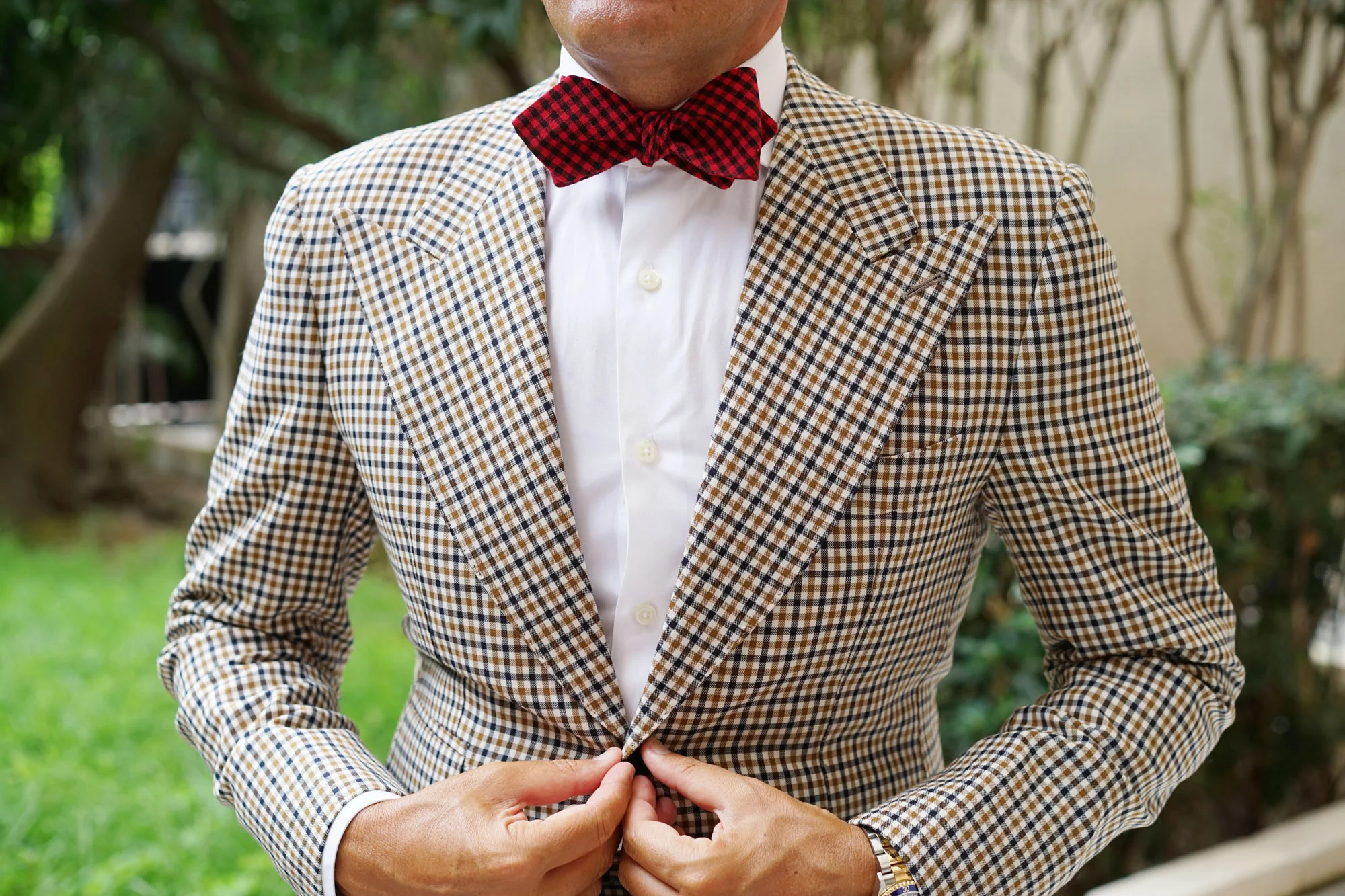 Red Belfast Gingham Diamond Self Bow Tie - Image 4