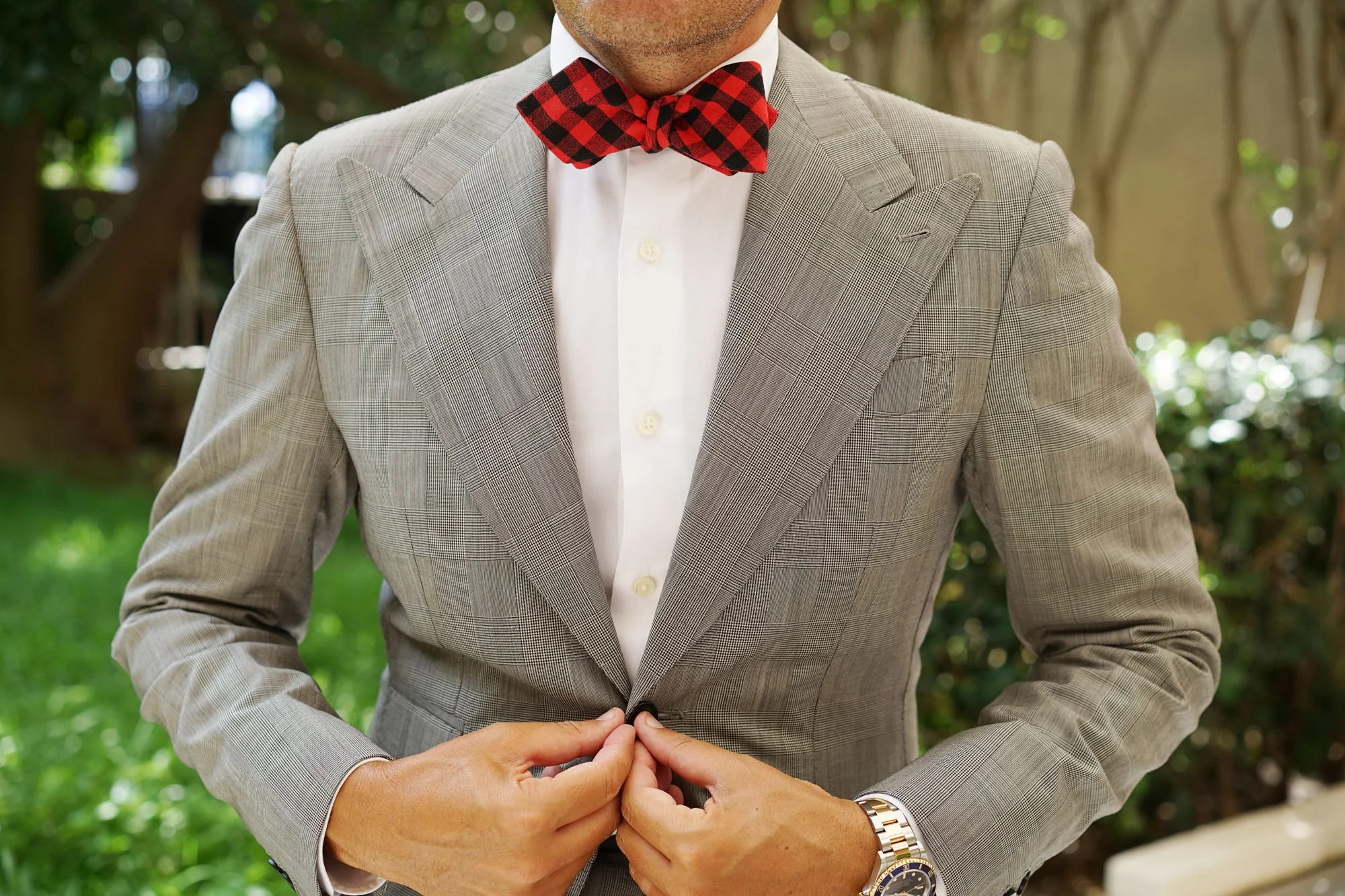 Red & Black Gingham Diamond Self Bow Tie - Image 4