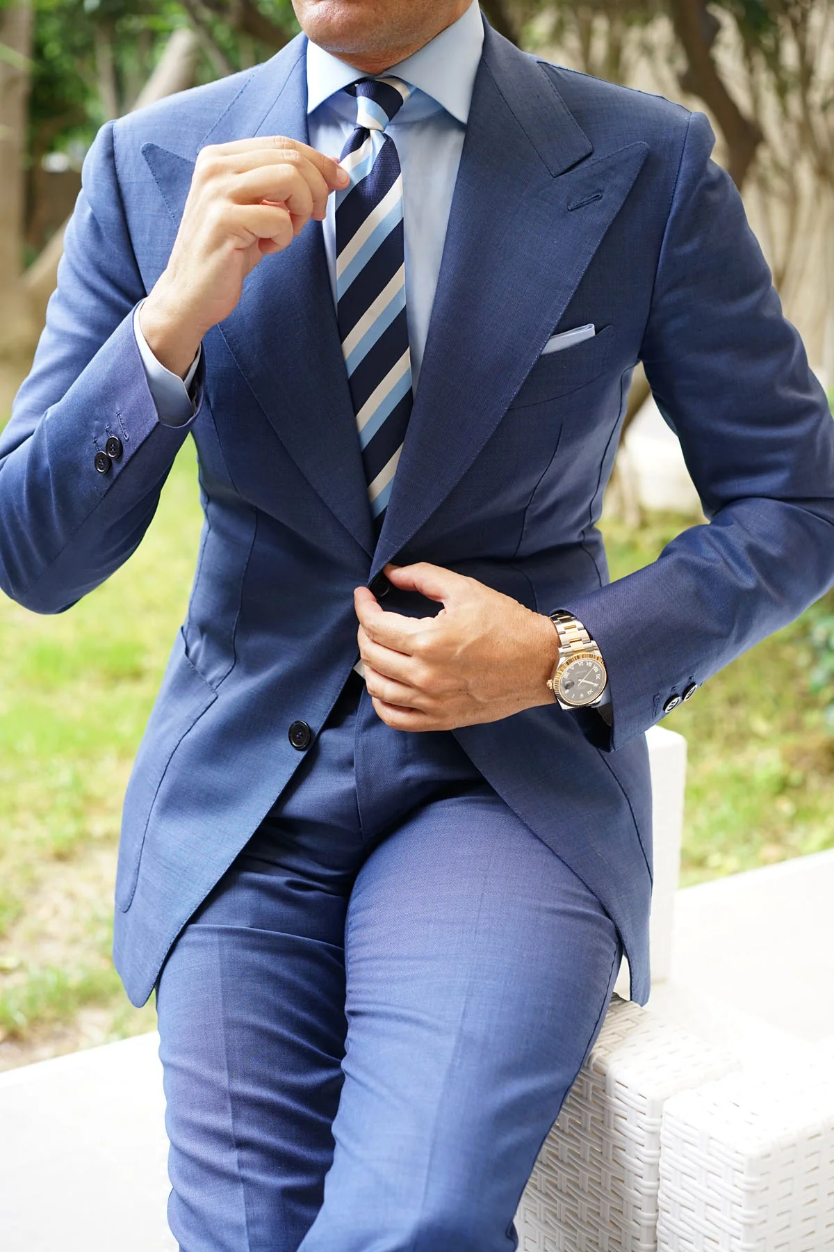 Silver Navy and Light Blue Striped Skinny Tie - Image 10