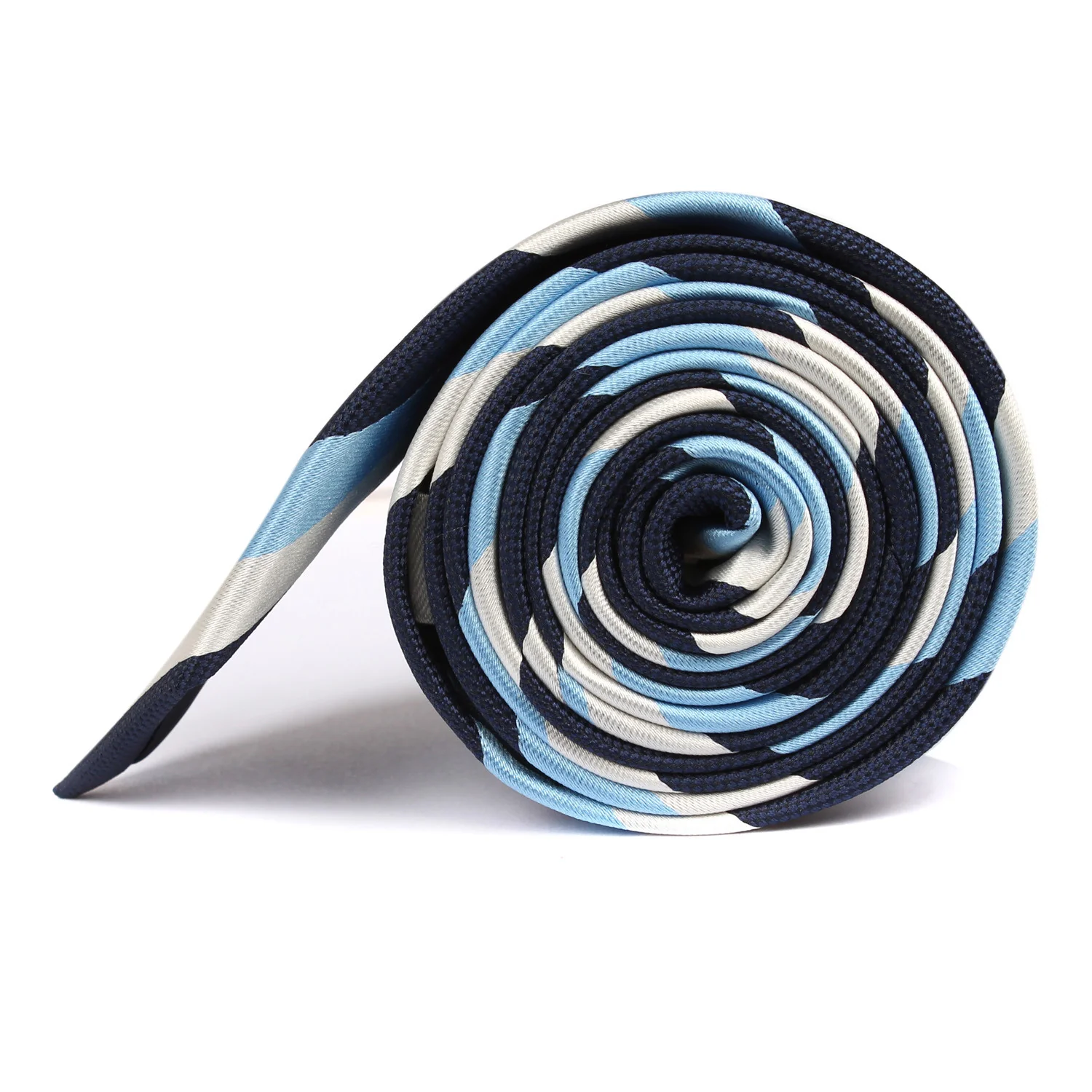 Silver Navy and Light Blue Striped Skinny Tie - Image 3