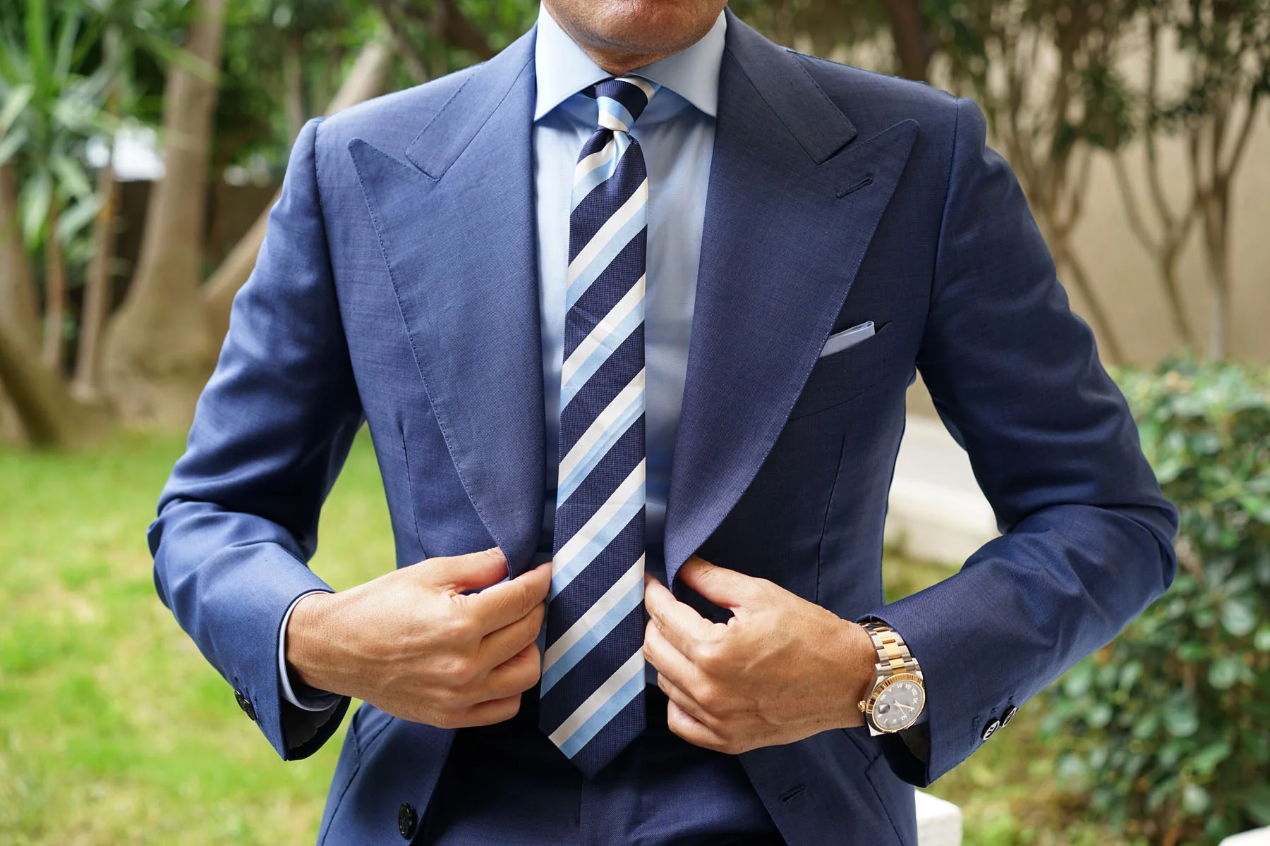 Silver Navy and Light Blue Striped Skinny Tie - Image 5