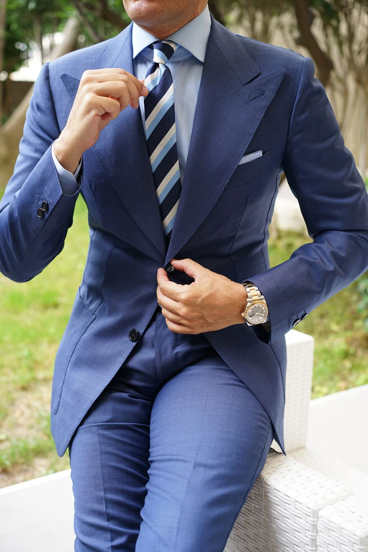 Silver Navy and Light Blue Striped Skinny Tie - Image 7