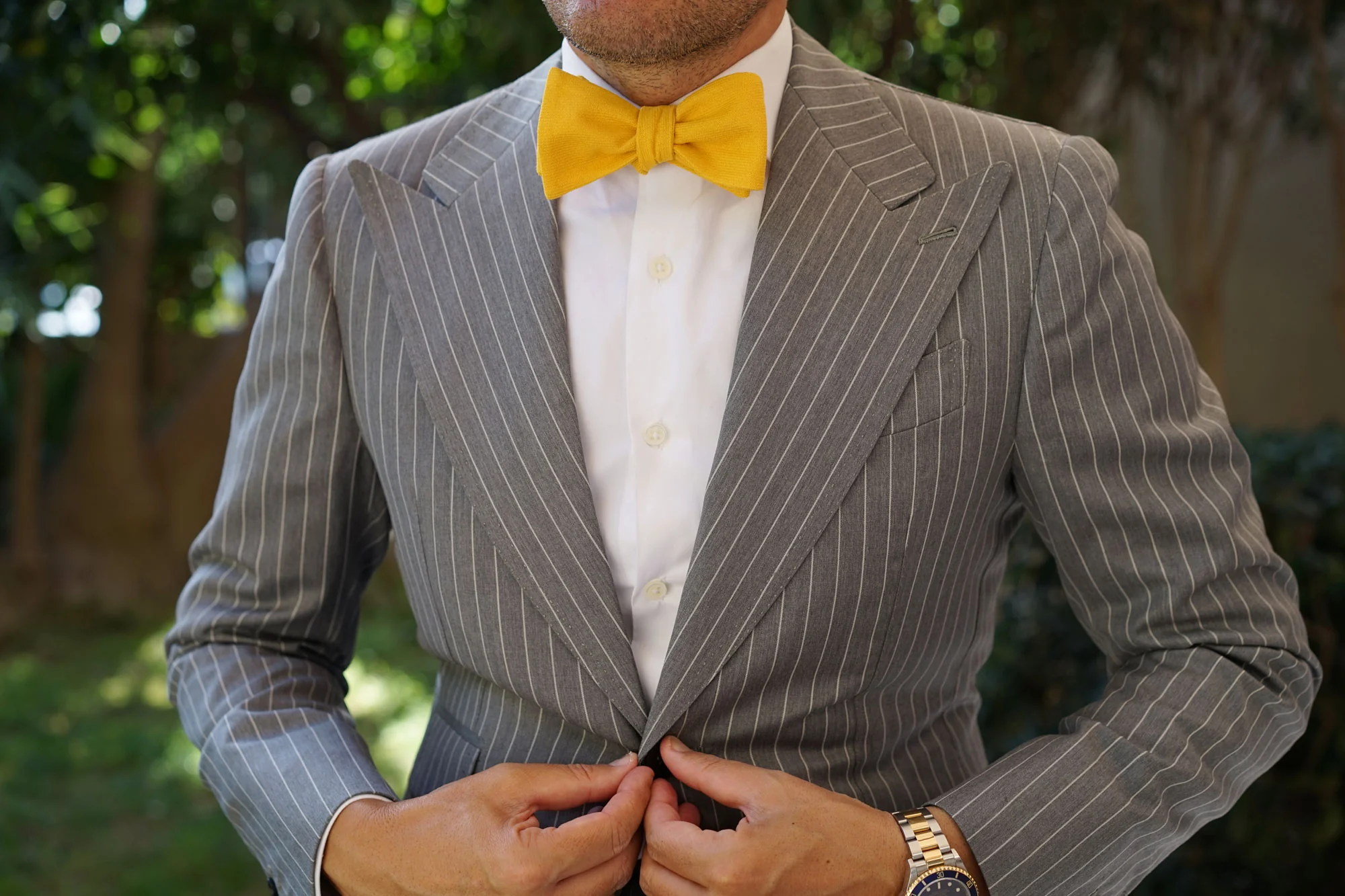 Sunflower Yellow Chevron Linen Self Bow Tie - Image 4