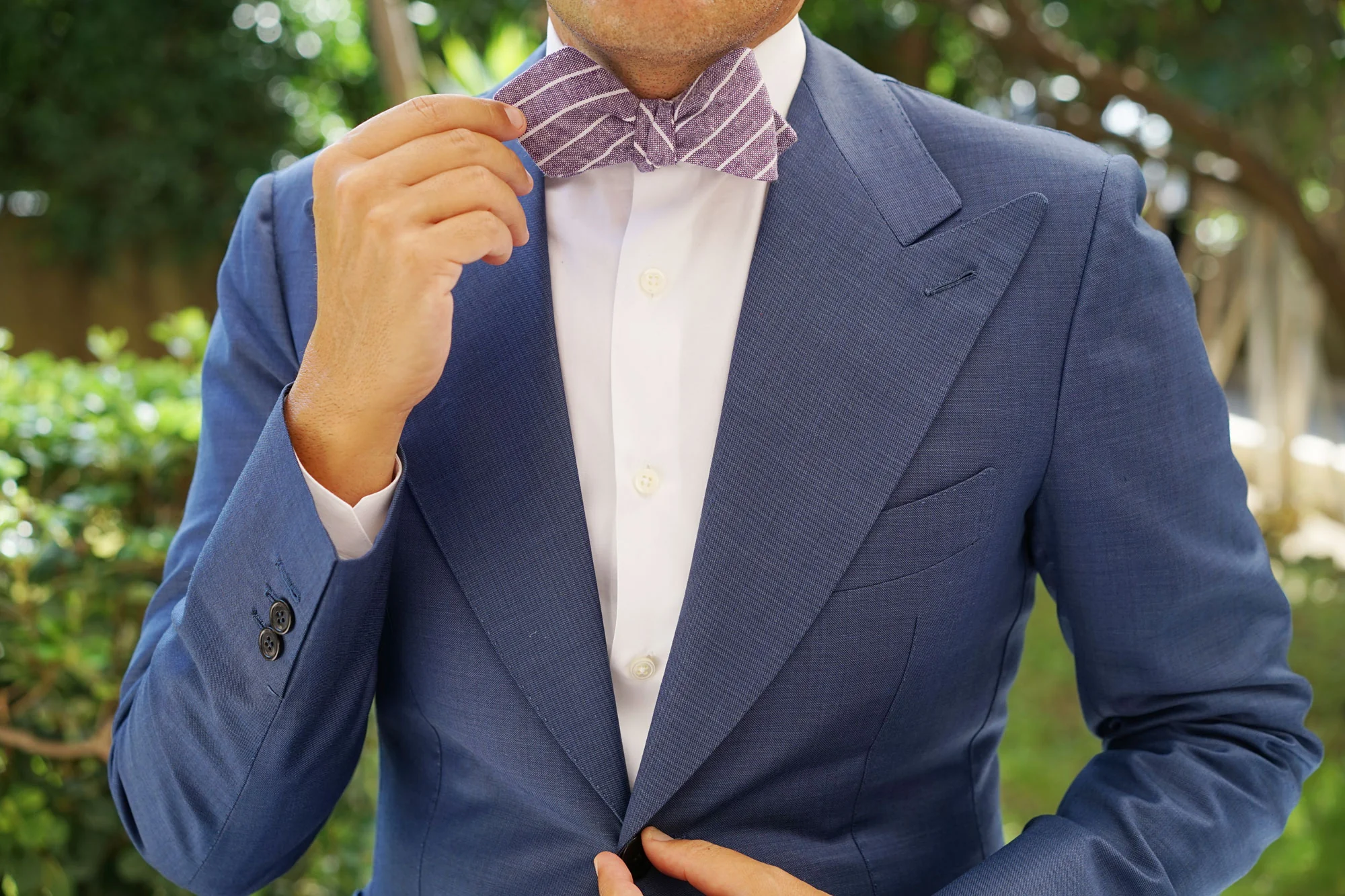 Tyrian Linen Purple Pinstripe Diamond Self Bow Tie - Image 8