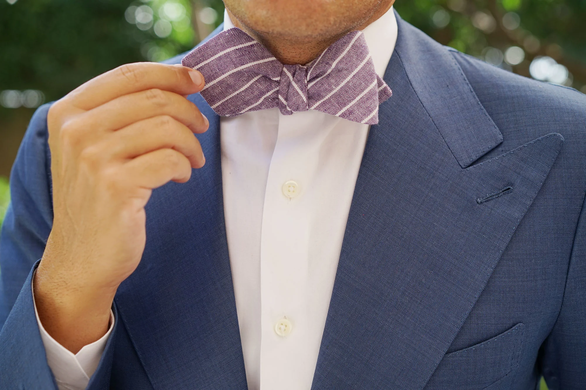 Tyrian Linen Purple Pinstripe Diamond Self Bow Tie - Image 9