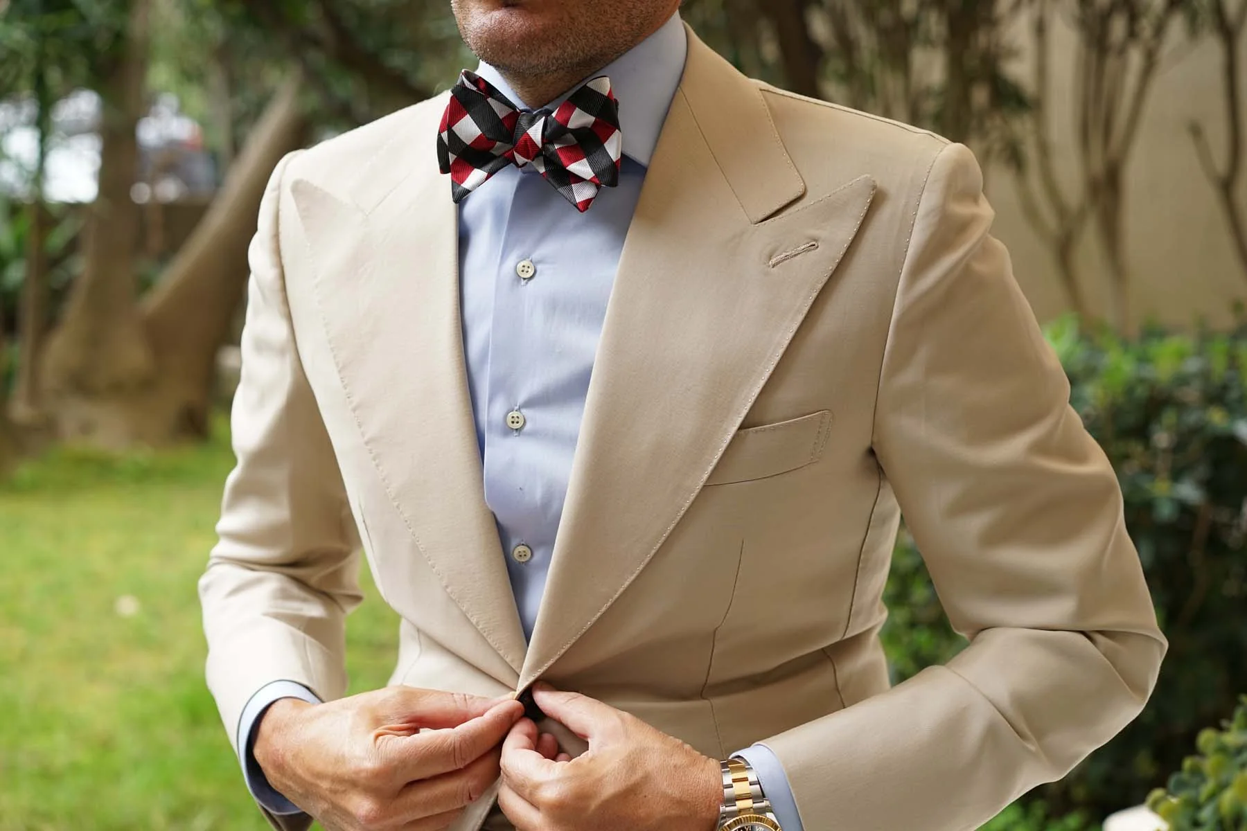 White Black Maroon Checkered Bow Tie Untied - Image 4