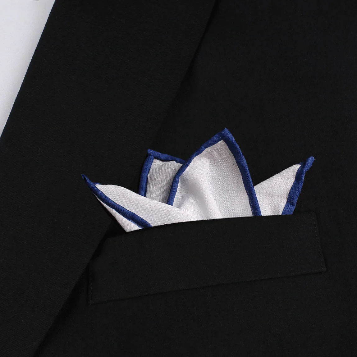 White Cotton Pocket Square with Dark Blue Border - Image 2
