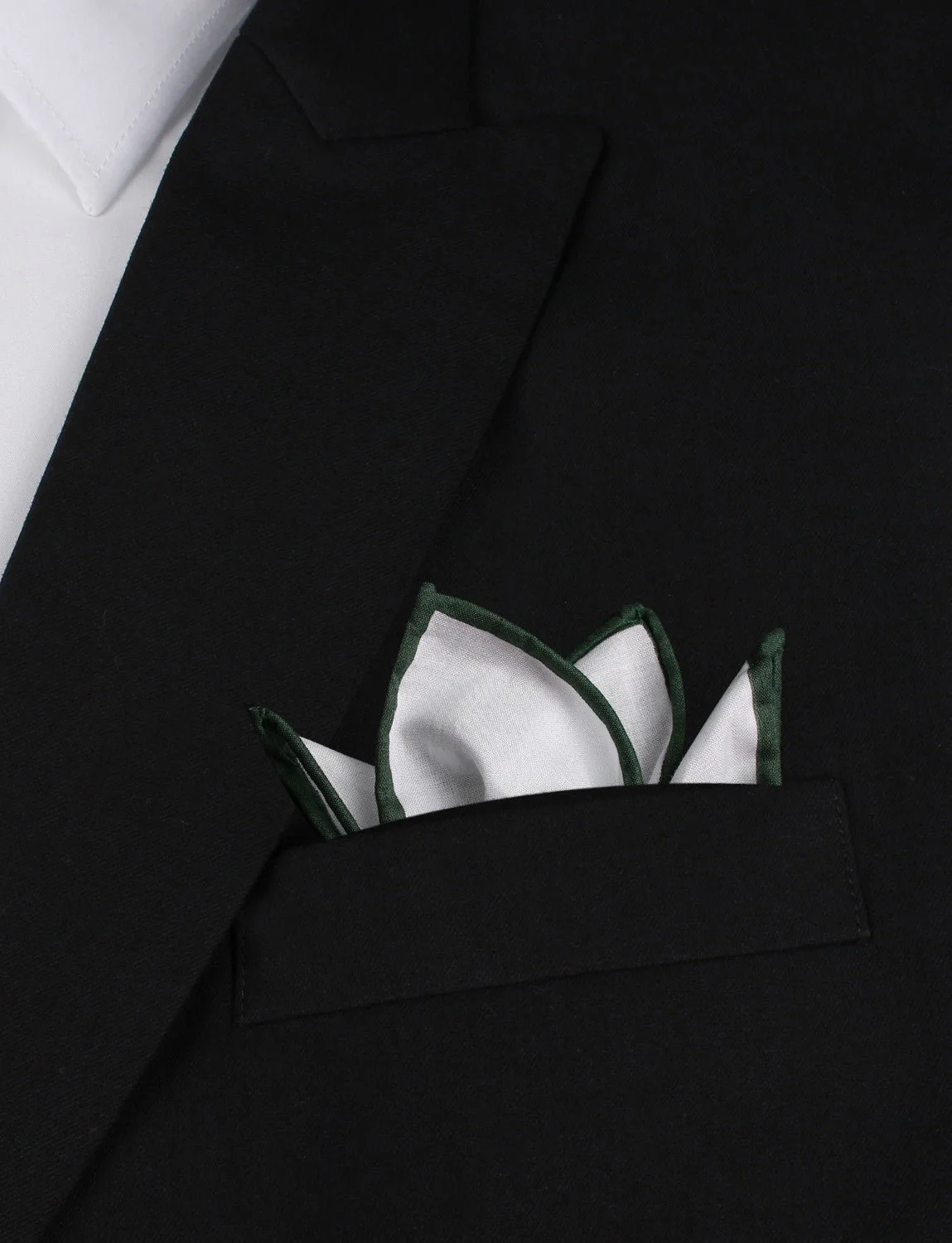 White Cotton Pocket Square with Dark Green Border - Image 3