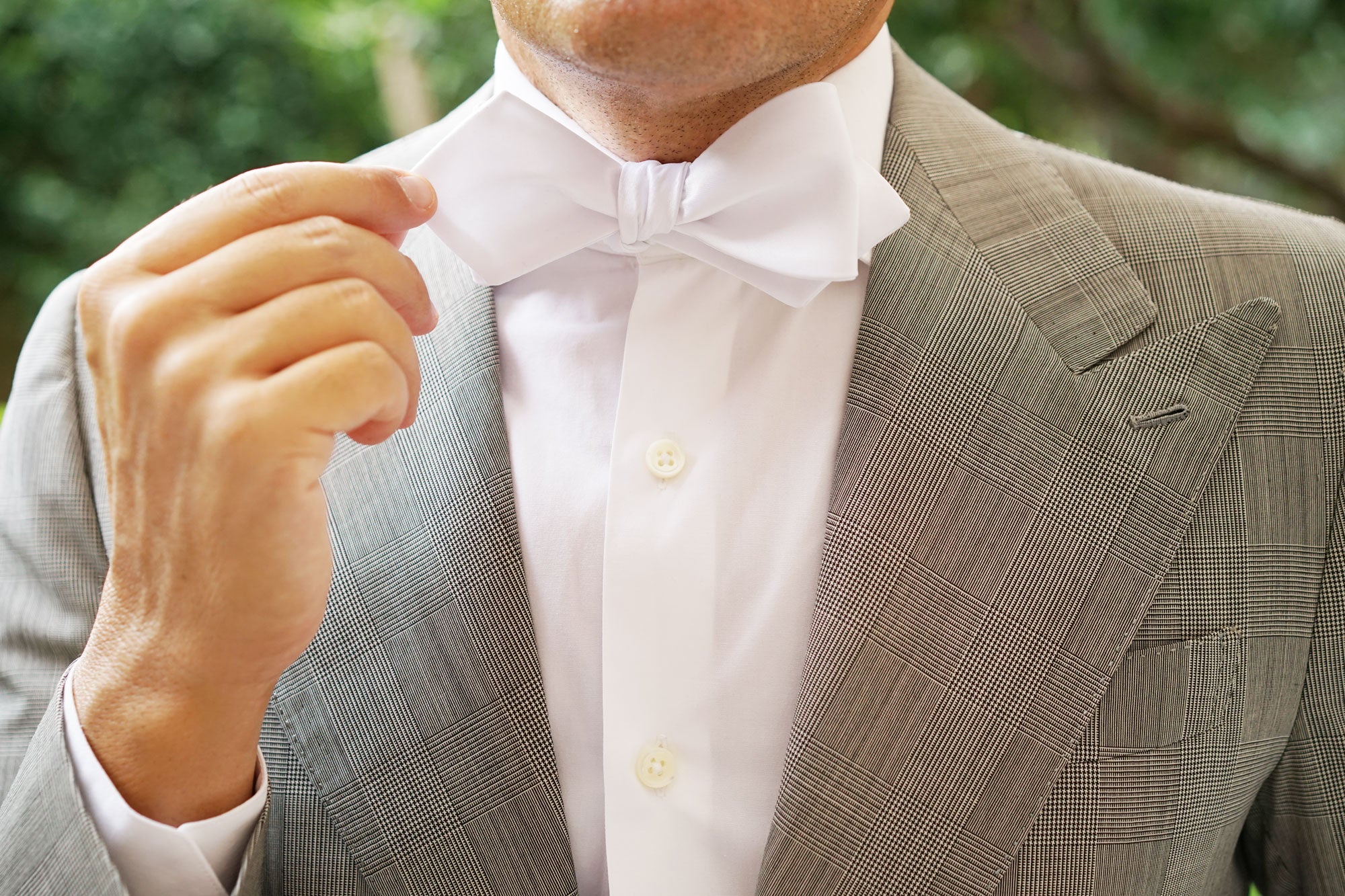 White Satin Self Tie Diamond Tip Bow Tie - Image 10