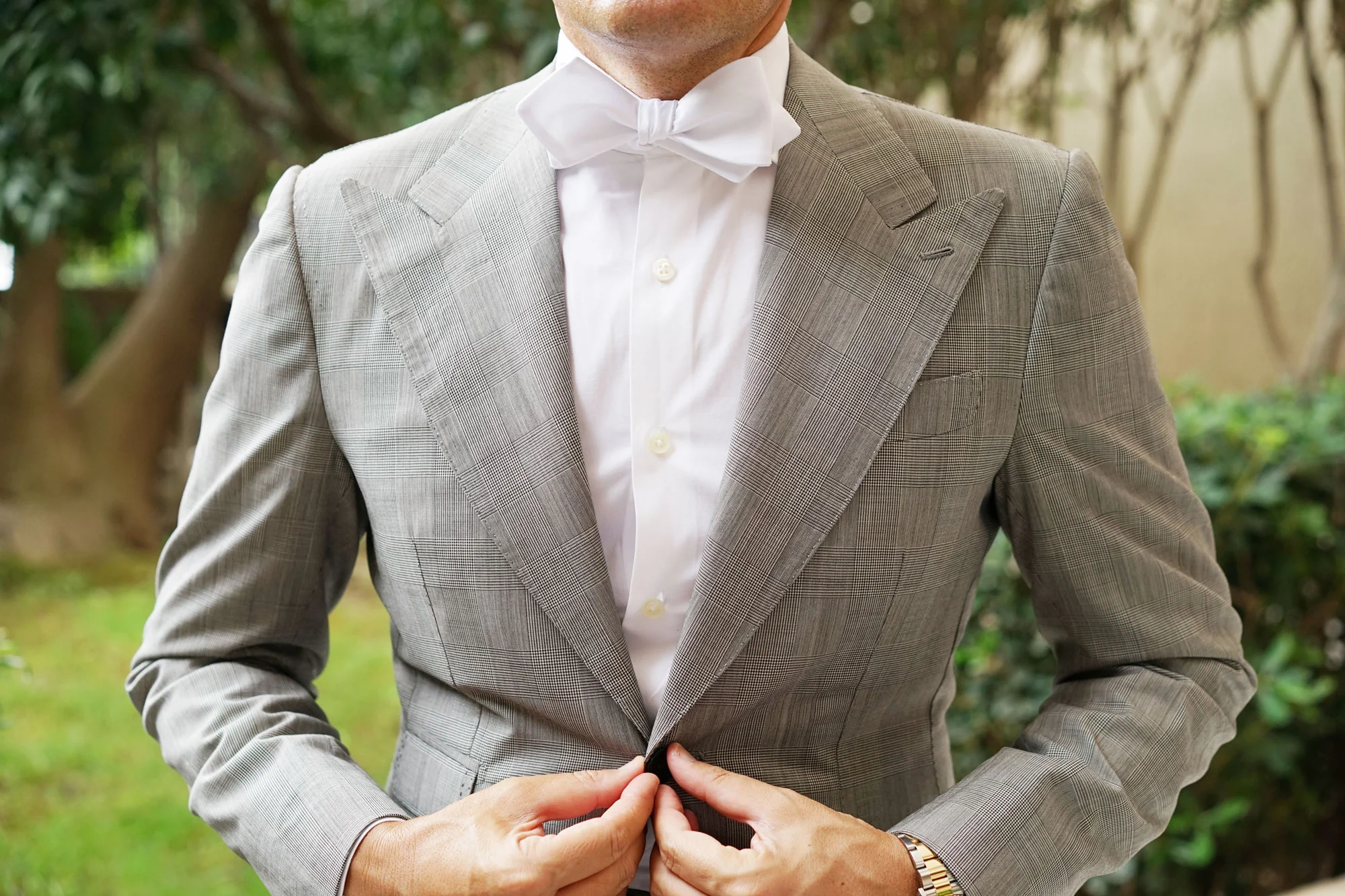 White Satin Self Tie Diamond Tip Bow Tie - Image 6