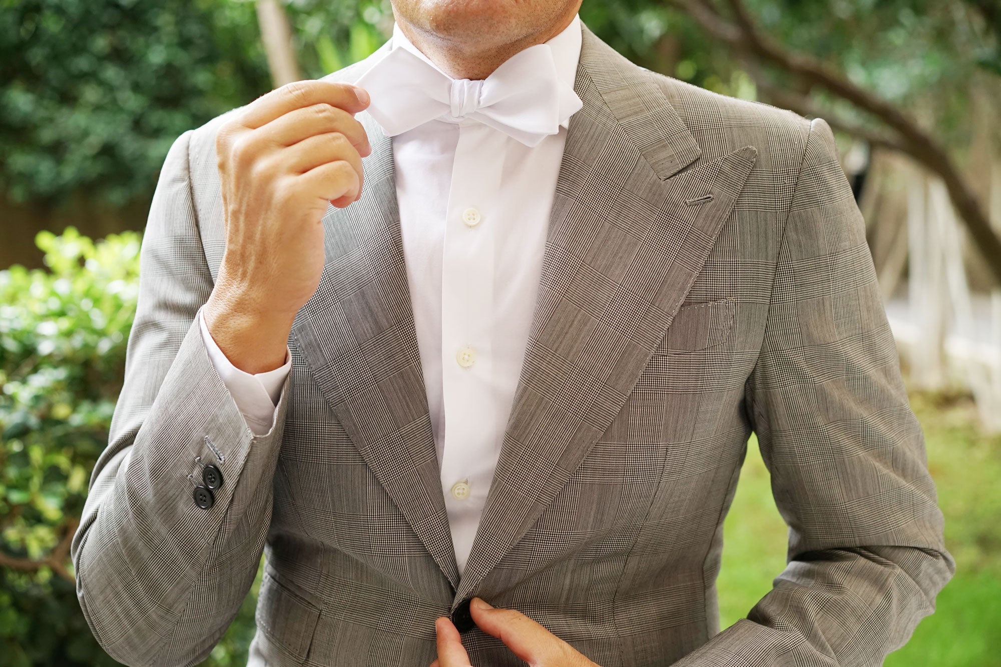 White Satin Self Tie Diamond Tip Bow Tie - Image 8