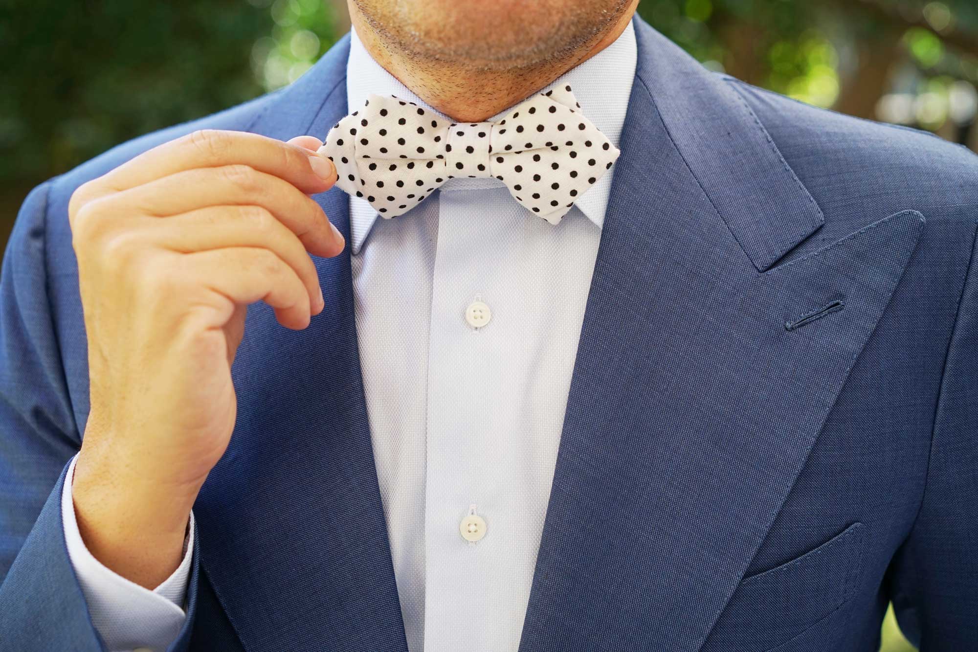 White with Black Polkadot Cotton Diamond Bow Tie - Image 8