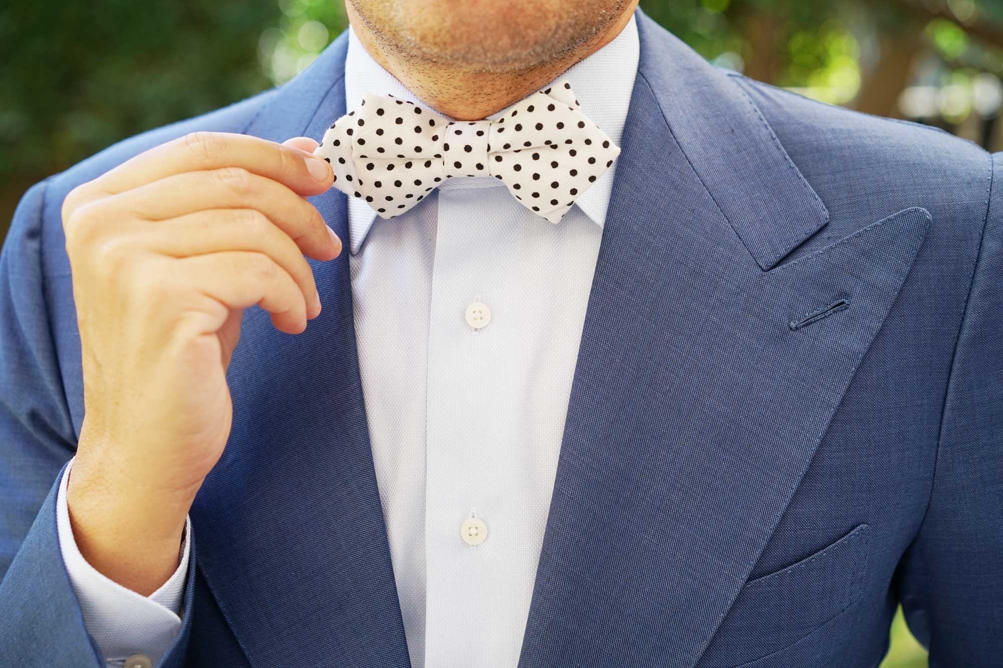 White with Black Polkadot Cotton Diamond Bow Tie - Image 9