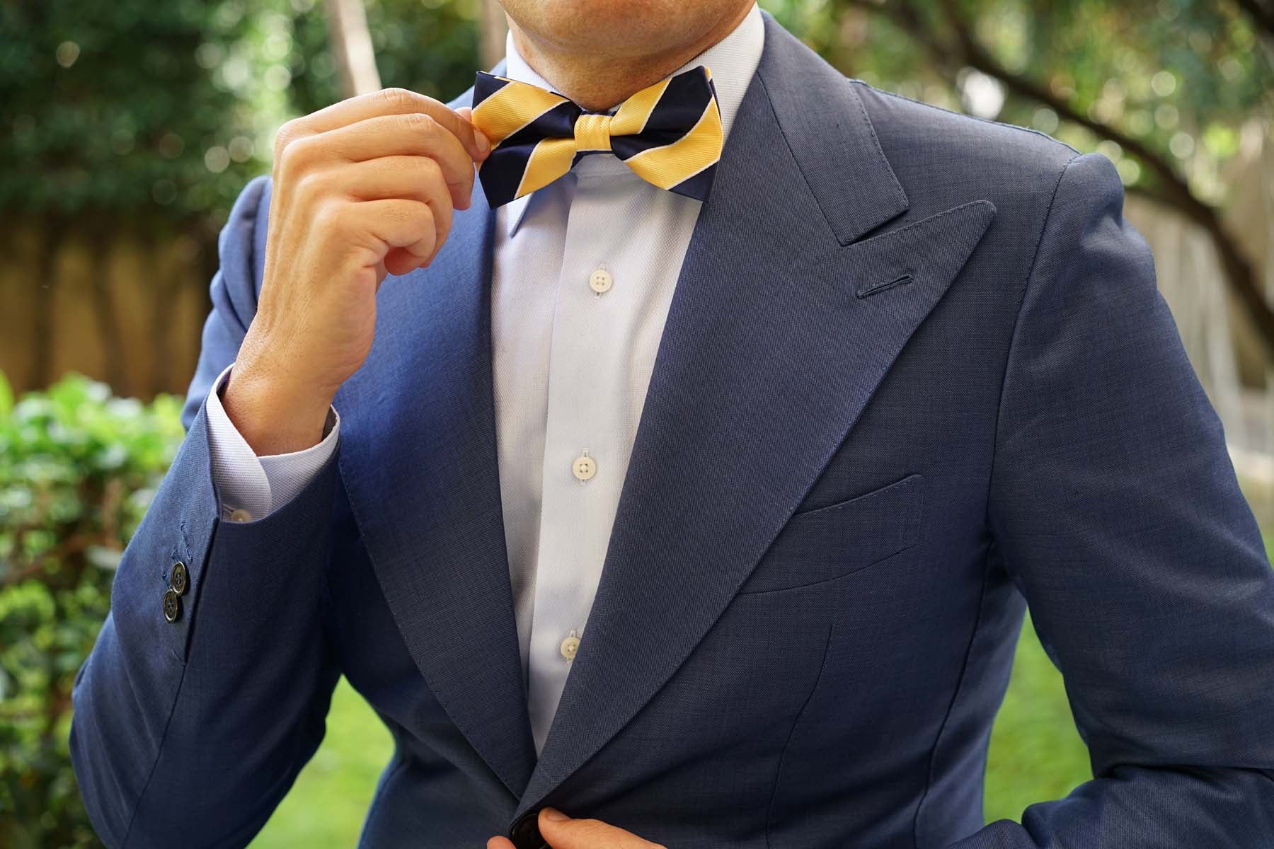Yellow and Navy Blue Striped Bow Tie - Image 3