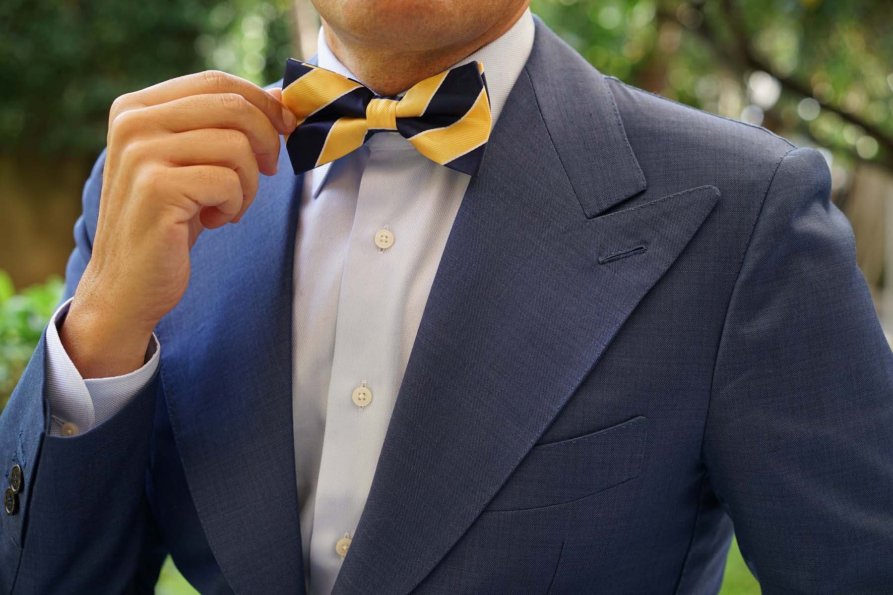 Yellow and Navy Blue Striped Bow Tie - Image 5