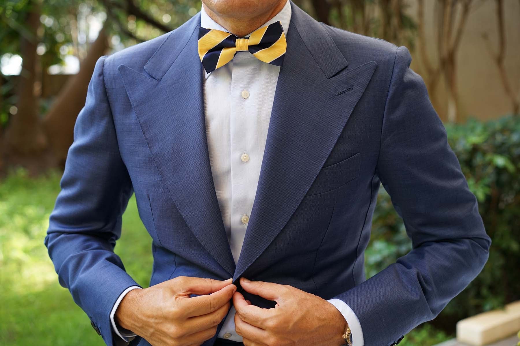 Yellow and Navy Blue Striped Bow Tie - Image 6