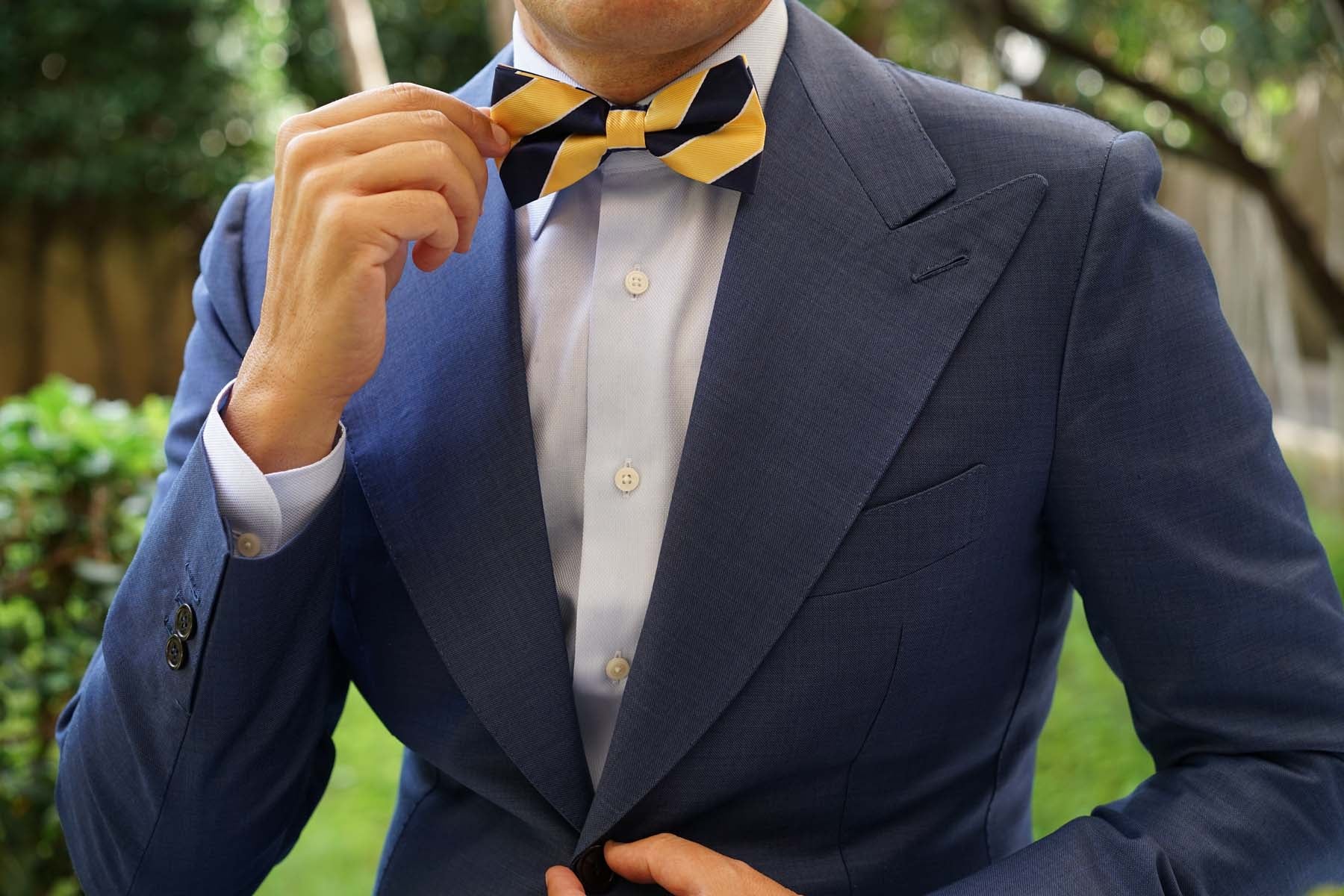 Yellow and Navy Blue Striped Bow Tie - Image 7